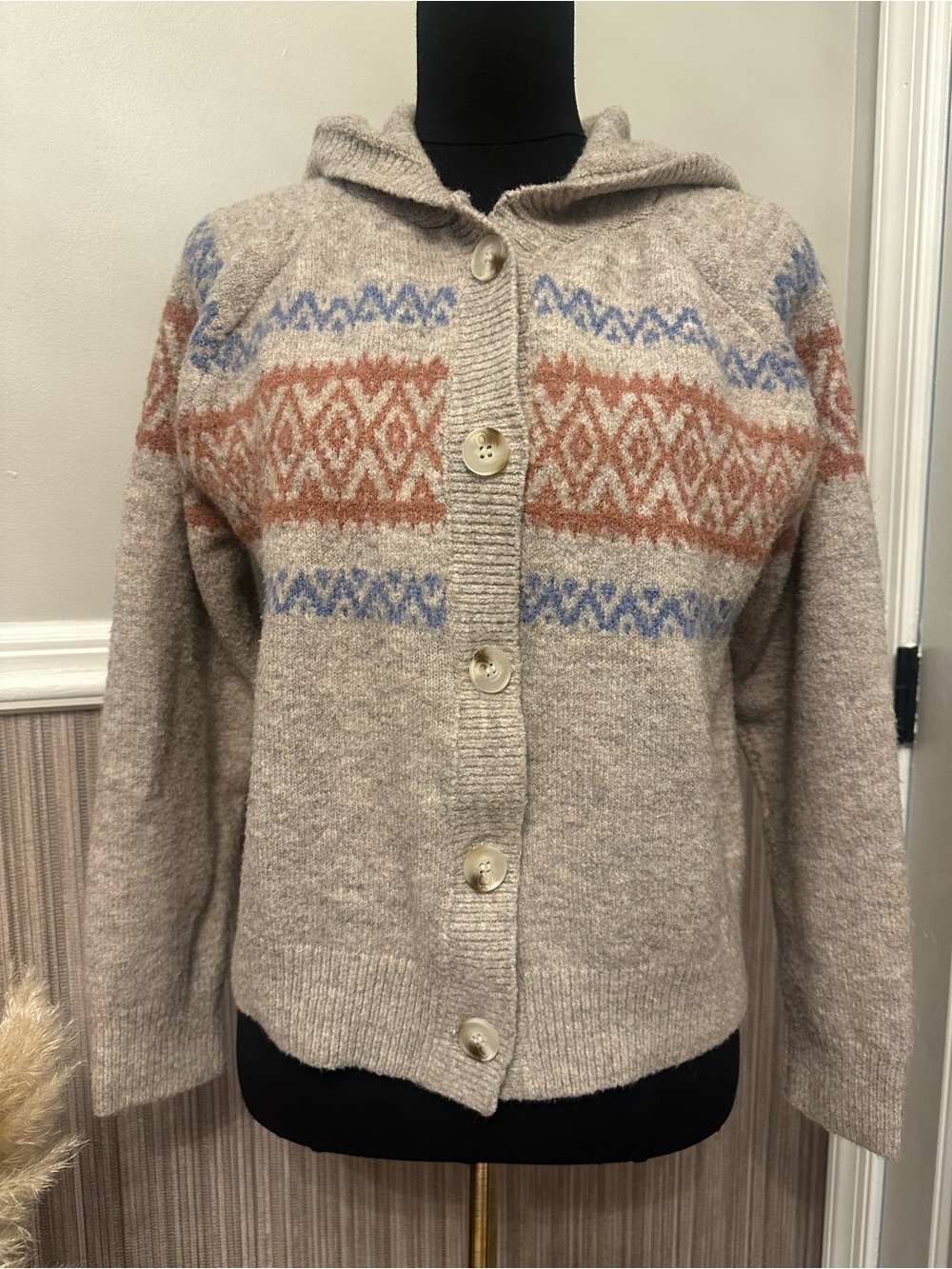 Hem & Thread L Fair Isle Hooded Cardigan Oatmeal Button Front Sweater